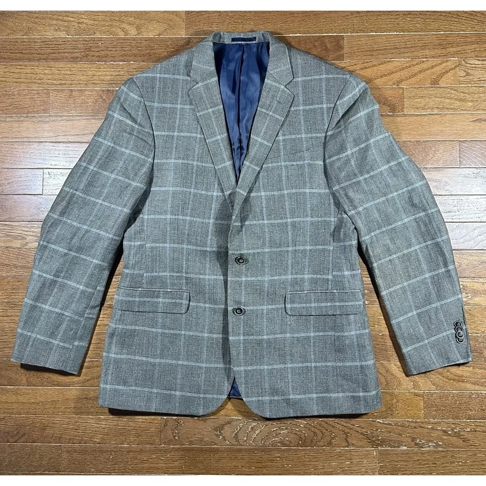 Jos A Bank 1905 Slim Fit Linen Wool Blazer Mens 42R Gray Windowpane Sports Coat